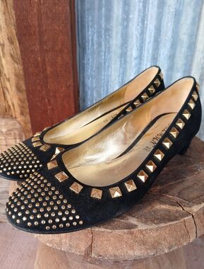 Delman Vintage Black Studded Flats with Gold Studded Accents Suede 7.5